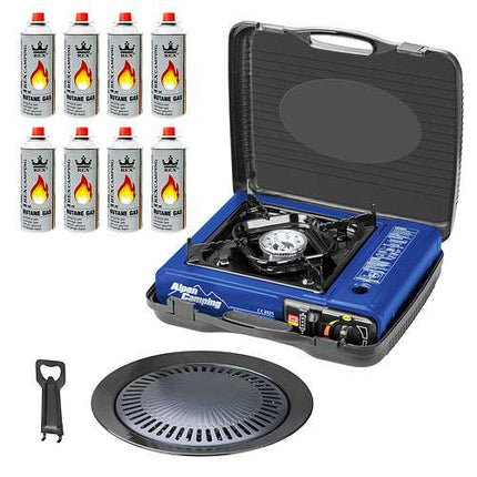 Campingkocher Camping Gas Kocher Herd Blau + Gaskartuschen + Grillplatte + Koffer