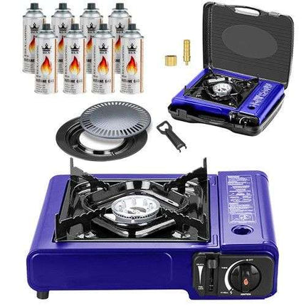 Campingkocher Blau Gaskocher 2 in 1 LPG Anschluss Set + Gas + Grillplatte + Koffer