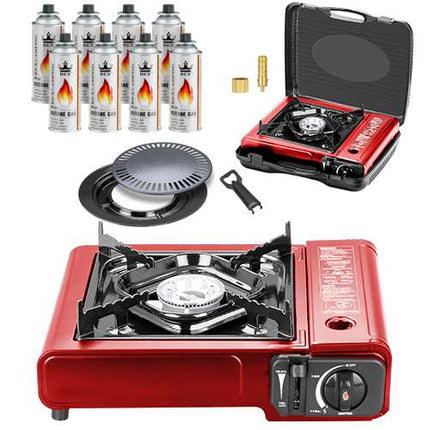 Campingkocher Rot Gaskocher 2 in 1 LPG Anschluss Set + Gas + Grillplatte + Koffer
