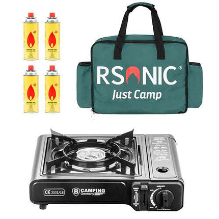 Kocher-Germany + grüne Tasche + 4 Gasflaschen