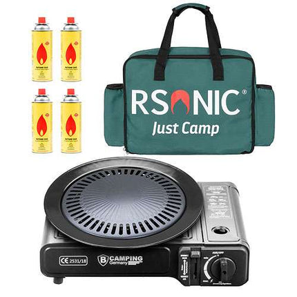 Kocher-Germany + grüne Tasche + Grillplatte + 4 Gasflaschen
