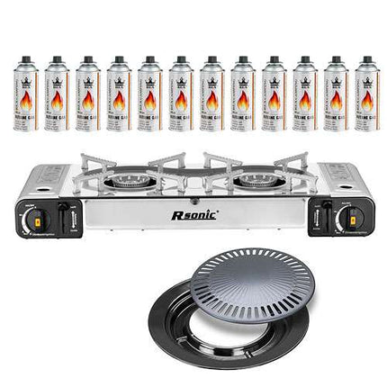 Doppelgaskocher | Silber | Grillplatte | 12 Gasflaschen
