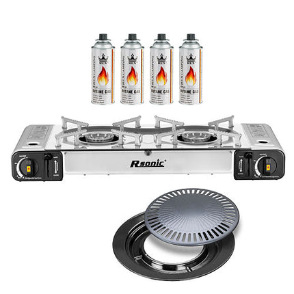 Doppelgaskocher | Silber | Grillplatte | 4 Gasflaschen
