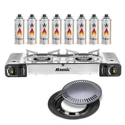 Doppelgaskocher | Silber | Grillplatte | 8 Gasflaschen