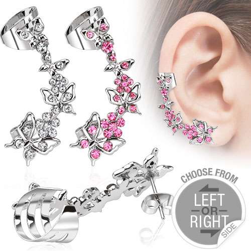 Knorpel Schmuck Ohrklemme Ear Cuff mit Kristall Schmetterlingen