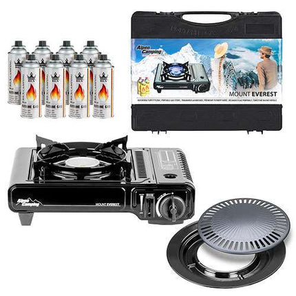 Gaskocher Campingkocher BBQ Set + Grillplatte + Gasflaschen + Koffer