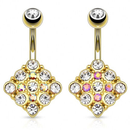 Bauchnabelpiercing Schmuck als Quadrat Gold vergoldet mit Kristallen