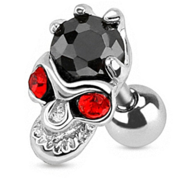 Tragus Piercing Stecker Kristall Totenkopf schwarz mit roten Augen