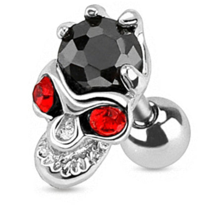 Tragus Piercing Stecker Kristall Totenkopf schwarz mit roten Augen