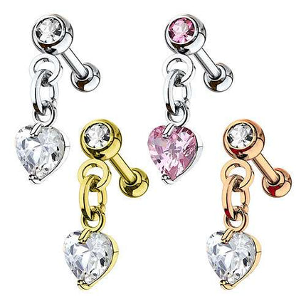 Helix Tragus Ohrstecker Cartilage Piercing Kette mit Herz Kristall