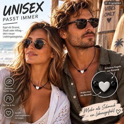 Unisex Halskette mit Keramik Herz Surfer Kordelkette Boho verstellbar
