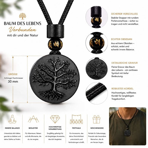 Lebensbaum Kette Baum des Lebens Halskette Obsidian Naturstein Unisex