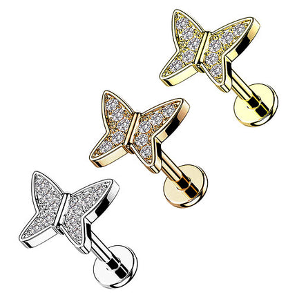 Helix Tragus Labret Piercing Ohrstecker flach Innengewinde Zirkonia Schmetterling