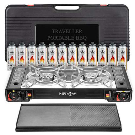 Doppel Gaskocher 2 flammig 2in1 LPG Anschluss Camping Kocher Grillplatte 4,4 KW