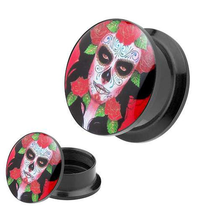 Picture Ohr Tunnel Gewinde Plug  Motiv Día de los Muertos Totenkopf
