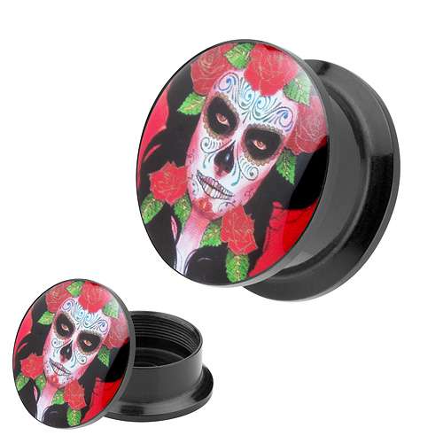 Picture Ohr Tunnel Gewinde Plug  Motiv Día de los Muertos Totenkopf