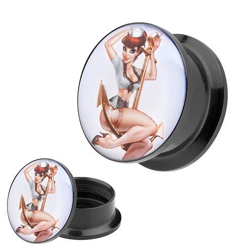 Picture Ohr Tunnel Gewinde Plug  Motiv Rockabilly Matrosen Mädchen auf Anker