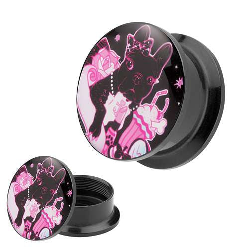 Picture Ohr Tunnel Gewinde Plug  Motiv Pink Dog Französische Bulldogge
