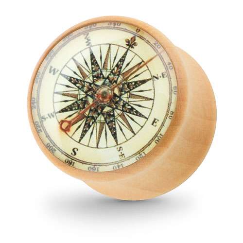 Ohr Tunnel Plug Holz Braun mit Antik Kompass