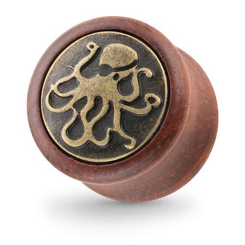 Organischer Holz Ohr Plug Braun mit Octopus Krake