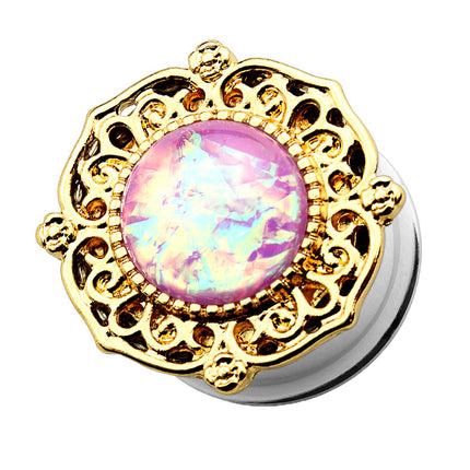 Flesh Ohr Plug Tunnel Tribal vergoldet mit Opal Pink