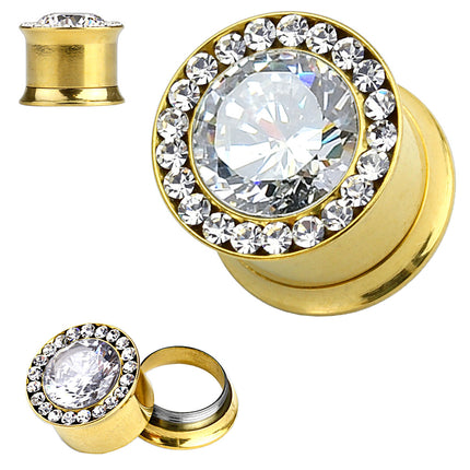 Ohr Tunnel Piercing Plug vergoldet Multi Kristalle