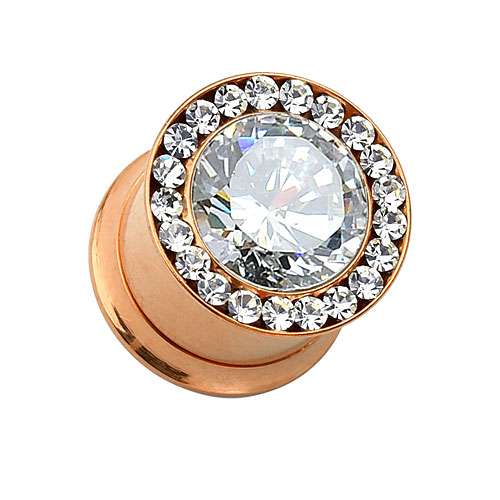 Ohr Tunnel Piercing Plug Rosegold vergoldet Multi Kristalle