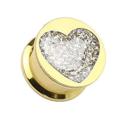 Ohr Tunnel Plug Gold vergoldet Herz Kristall Inlay