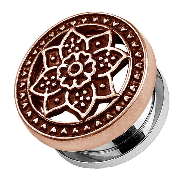 Ohr Plug Tunnel mit Lotusblüte aus Edelstahl Bronze IP