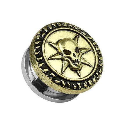 Ohr Tunnel Plug Vintage Style Totenkopf über Stern Edelstahl vergoldet