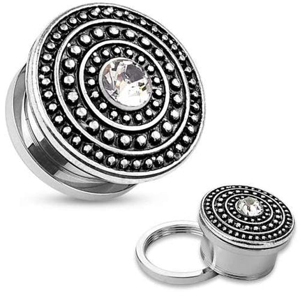 Ohr Plug Tunnel mit Maya Antik und Kristall aus Edelstahl Silber