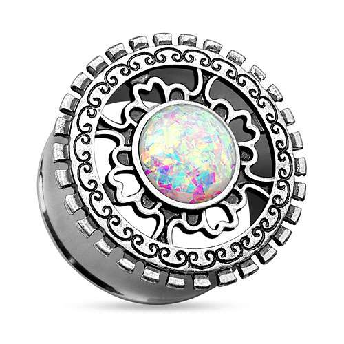 Ohr Tunnel Plug Antik Silber IP Tribal Ornament Opal Rainbow