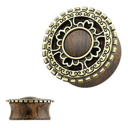 Flesh Ohr Holz Plug Tunnel Antik Altgold Tribal Aztek Schild
