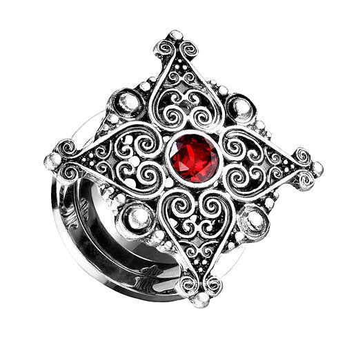 Ohr Tunnel Motiv Plug Edelstahl Tribal Herzen filigran roter Kristall