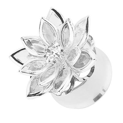 Ohr Tunnel Plug Silbern Blumen Blüte mit Kristallen