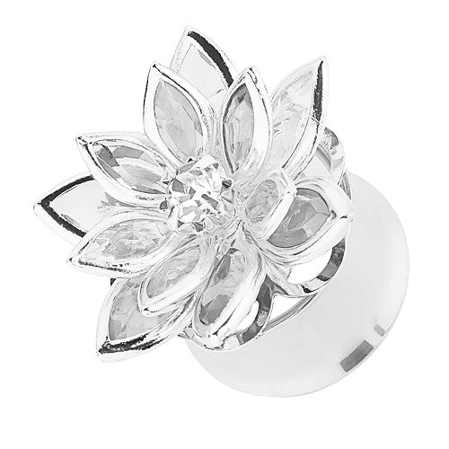 Ohr Tunnel Plug Silbern Blumen Blüte mit Kristallen