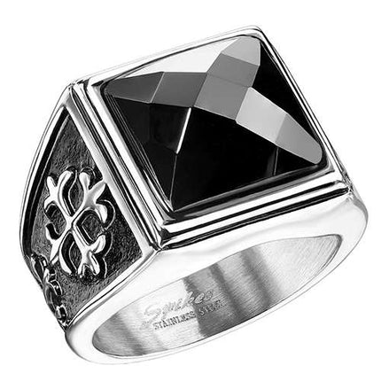 Herren Fingerring Männer Siegelring Edelstahl schwarzer XXL Kristall Königlich