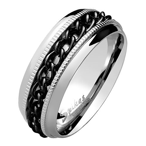 Facettierter Spinner Ring Ketten Center Schwarz Edelstahl Silber