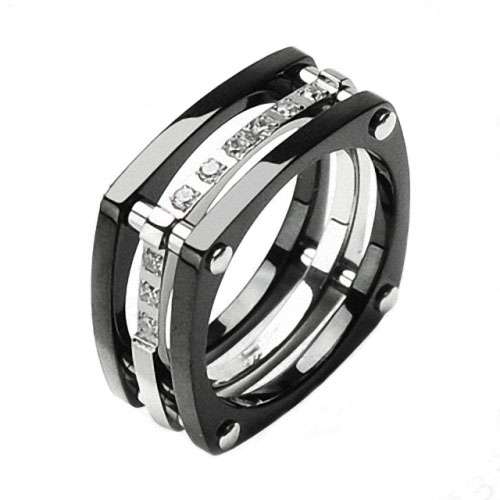 Titan Ring 3-teilig viereckig Schwarz mit Kristallen