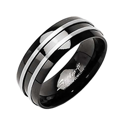 Herren & Damen Titan Ring Schwarz poliert mit 2 Streifen