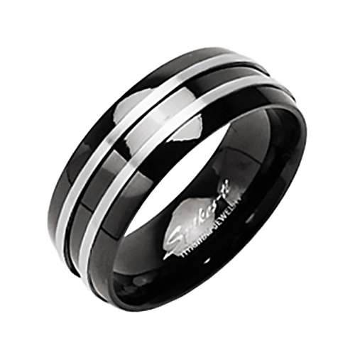 Herren & Damen Titan Ring Schwarz poliert mit 2 Streifen