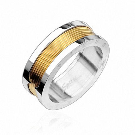 Edelstahl Biker Band Ring Poliert Gold Rillen Inlay