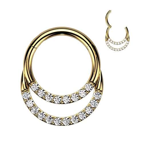 Titan Septum Piercing Nase Ohr Doppel Segment Ring Clicker Kristalle vergoldet