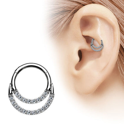 Titan Septum Piercing Nase Ohr Doppel Segment Ring Clicker Kristalle Silbern
