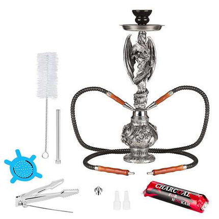 Orientalische 2 Schlauch Shisha Wasserpfeife Drache Silber 45cm inkl.Kohle