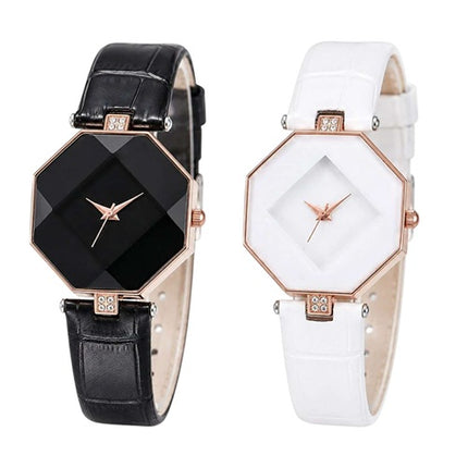 Elegante Damenuhr mit achteckigem Gehäuse und facettierter Glasoptik