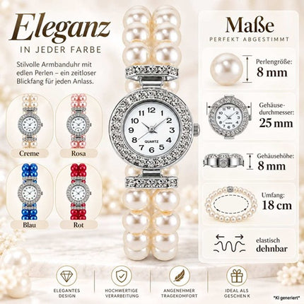 Damen Armbanduhr Quarzuhr Perlenuhr mit elastischem Perlenarmband