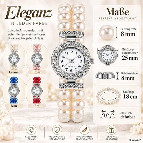 Damen Armbanduhr Quarzuhr Perlenuhr mit elastischem Perlenarmband