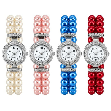 Damen Armbanduhr Quarzuhr Perlenuhr mit elastischem Perlenarmband